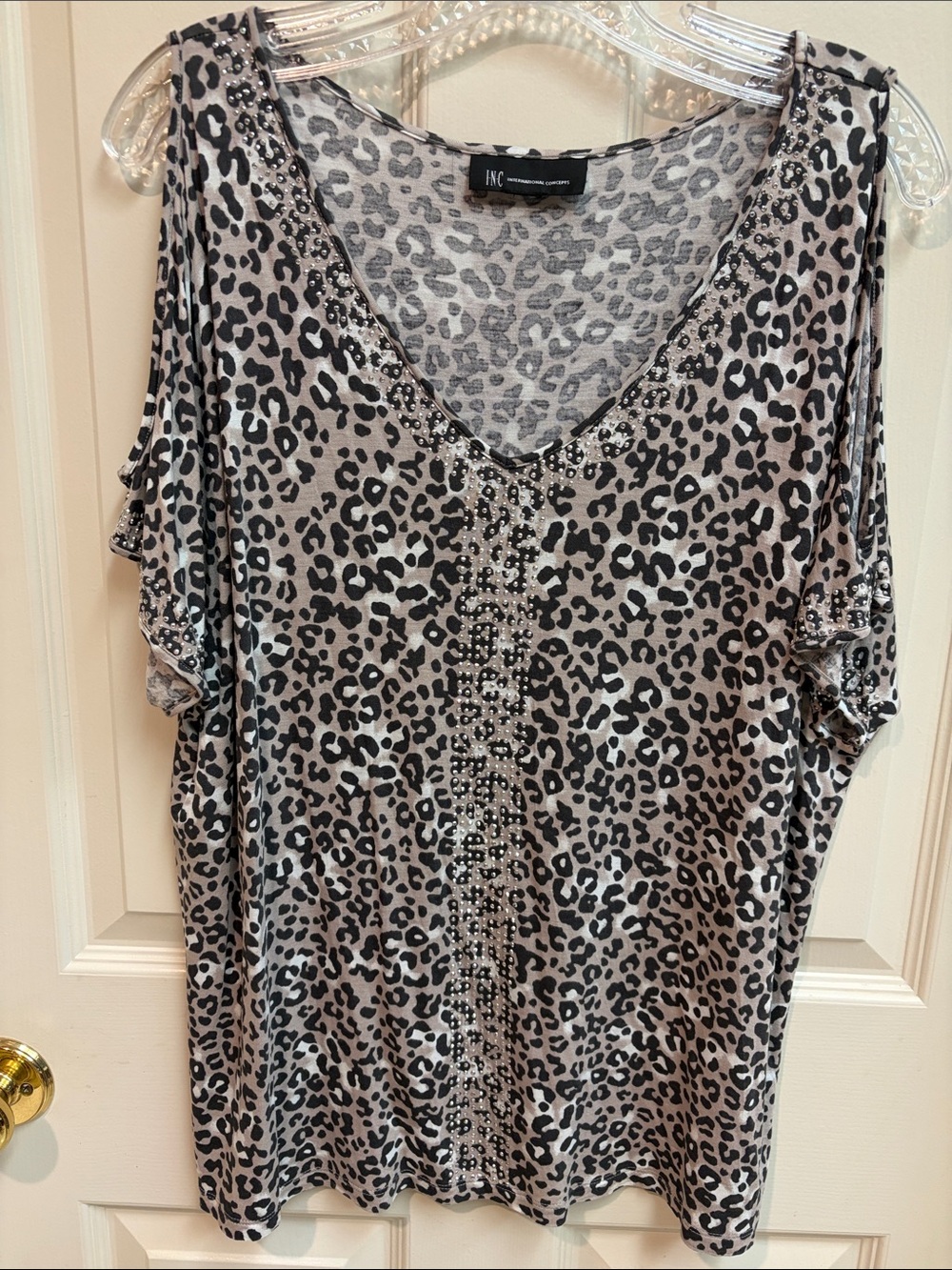 INC Silver Stud Leopard Cold-Shoulder Top